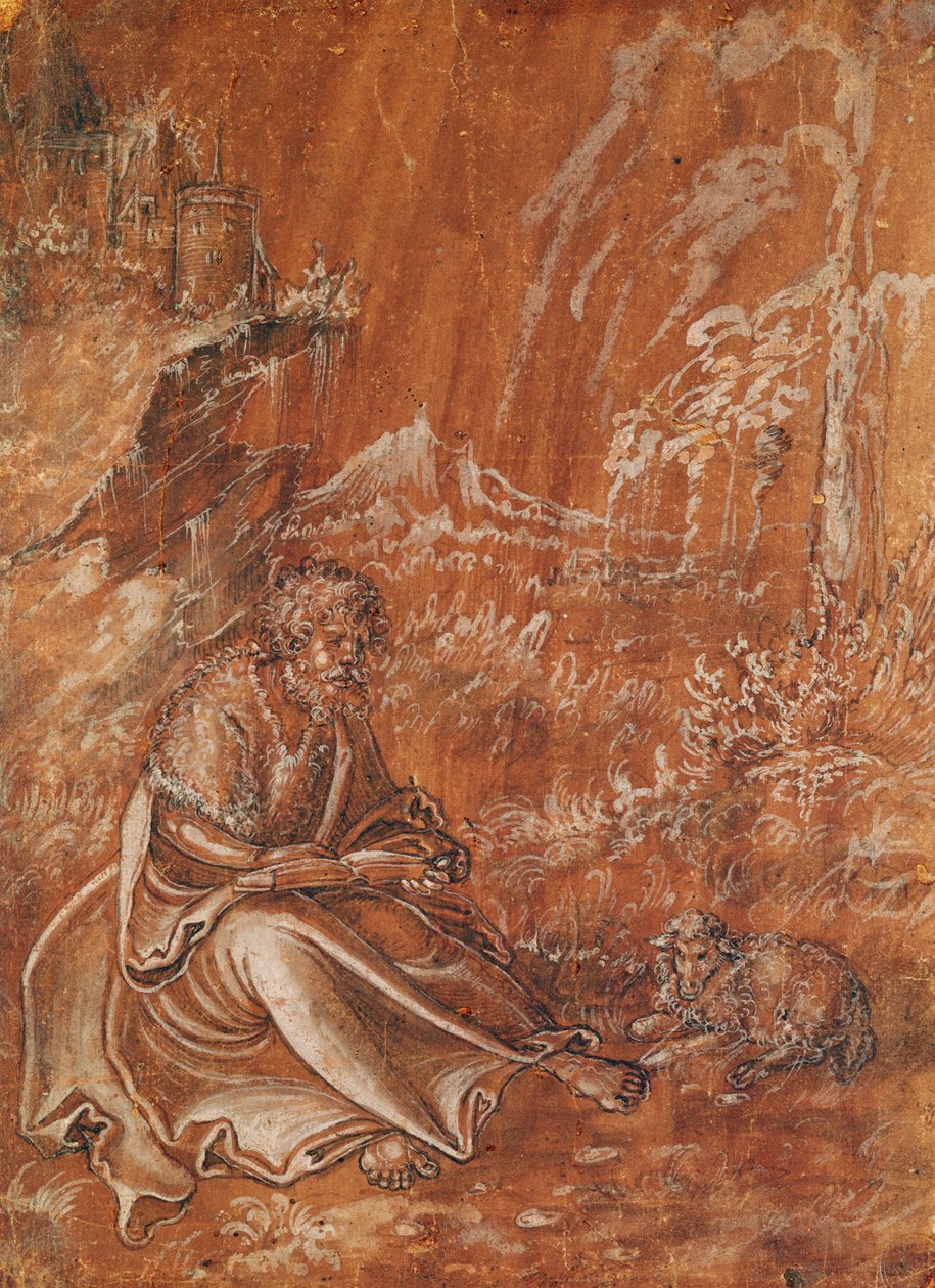 San Juan Bautista sentado en un paisaje montañoso de Lucas Cranach the Elder
