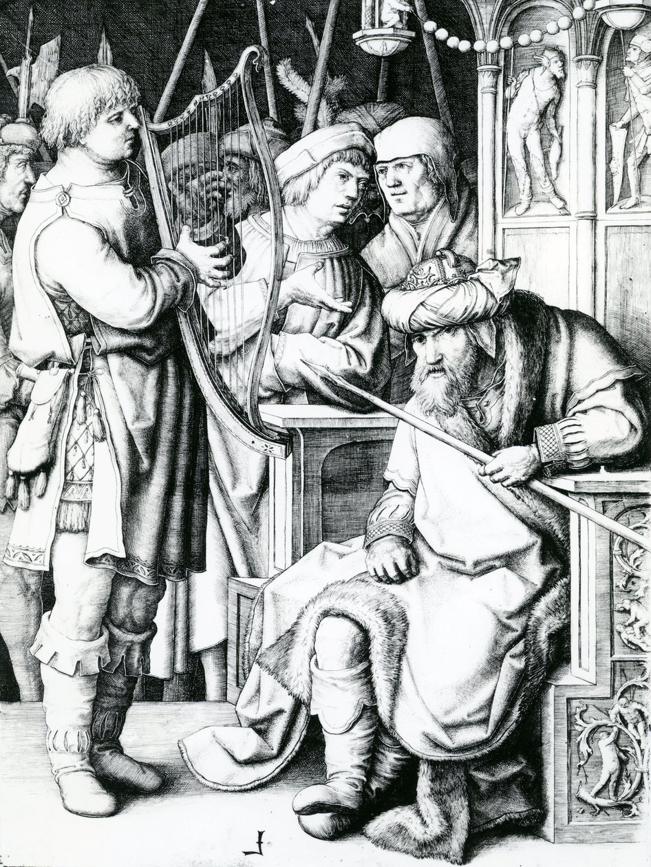 David tocando el arpa para Saúl de Lucas van Leyden