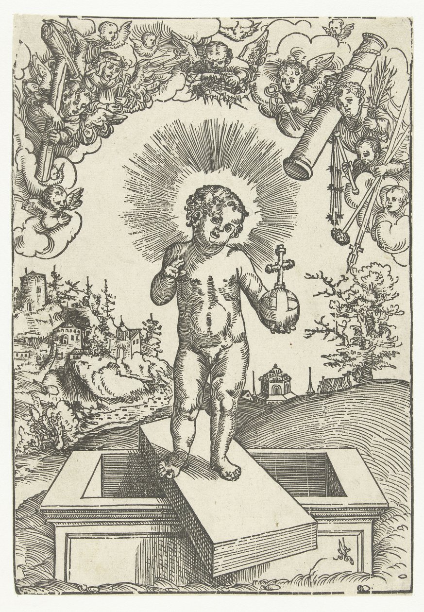 Cristo Niño como Redentor Rodeado de Ángeles con Herramientas de la Pasión de Lucas Cranach