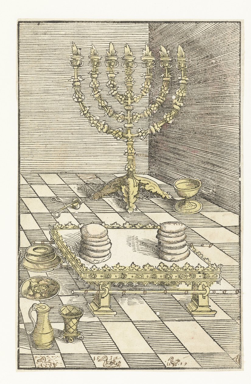 Candelabro de siete brazos y mesa con el pan de muestra de Lucas Cranach