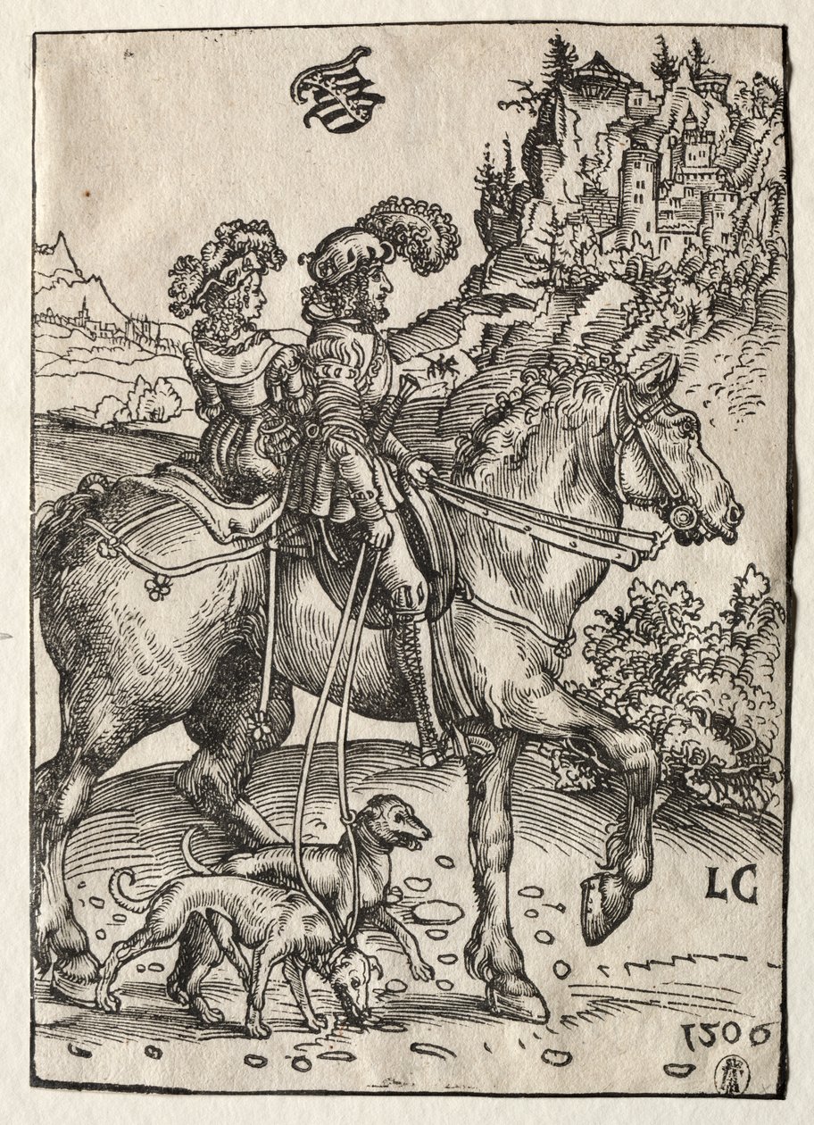 Un caballero y una dama cabalgando hacia la caza de Lucas Cranach