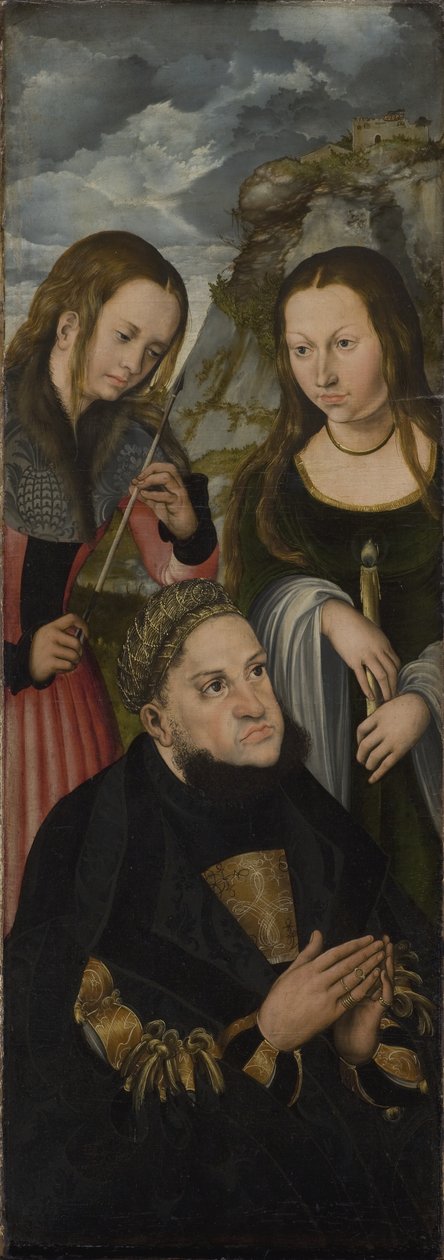 El Elector Federico el Sabio de Sajonia (1463-1525) con las Santas Úrsula (izquierda) y Genoveva (derecha) de Lucas Cranach d.Æ.