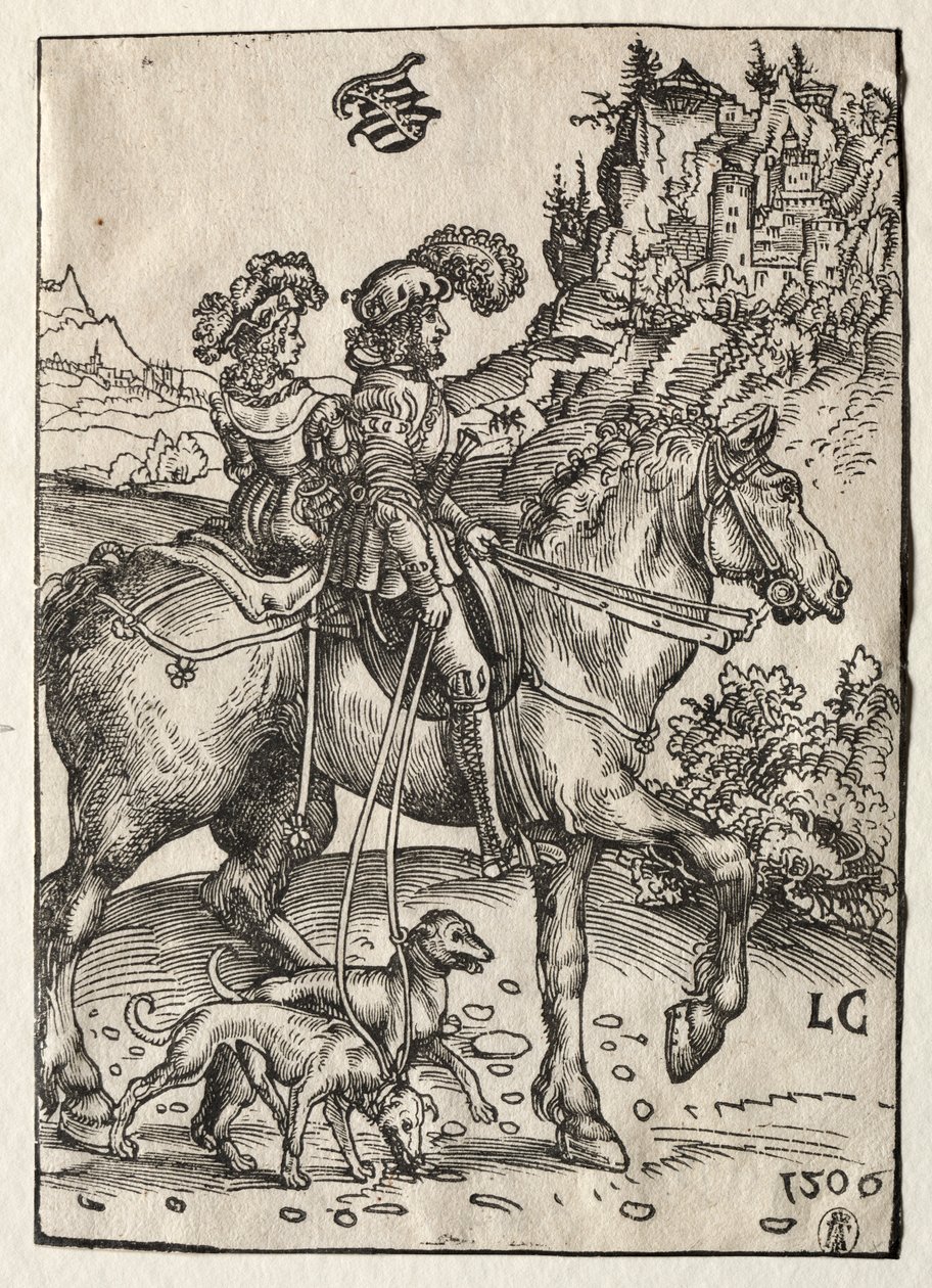 Un caballero y una dama cabalgando hacia la caza de Lucas Cranach the Elder