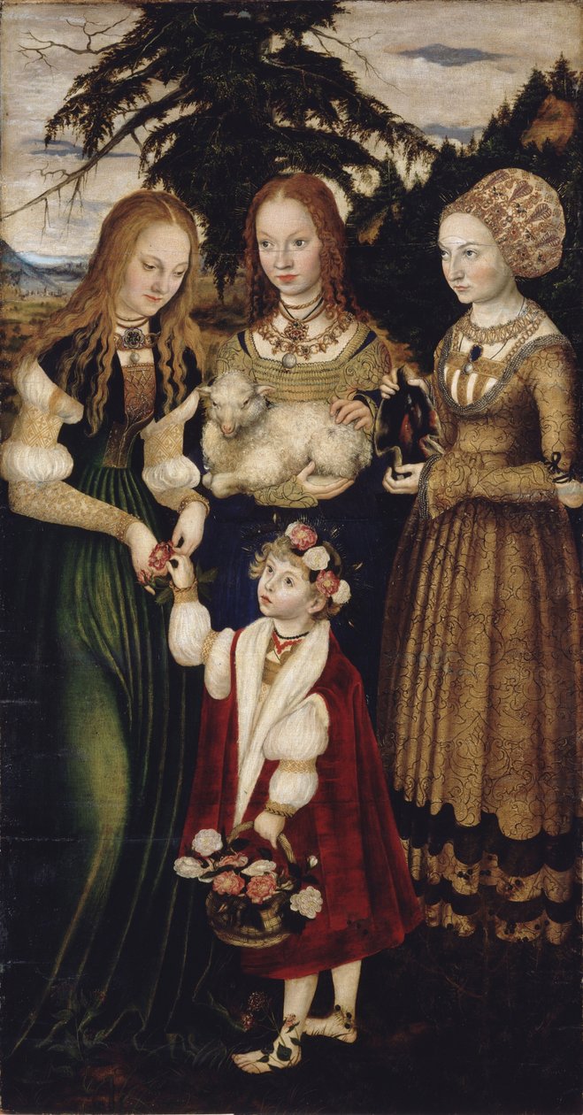Retablo con el martirio de Santa Catalina, ala izquierda: Las santas Dorotea, Inés y Cunegunda de Lucas Cranach the Elder