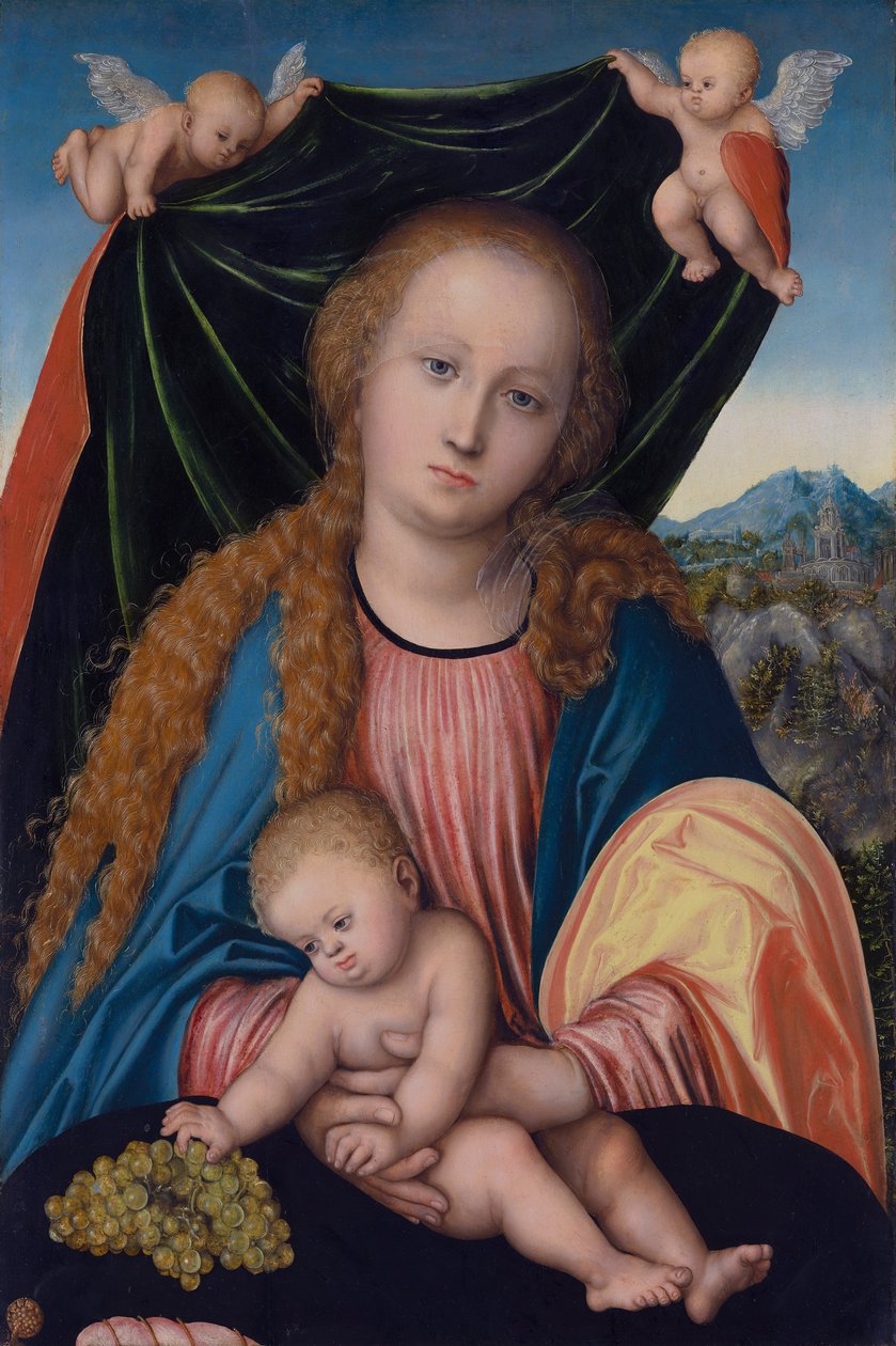 Alemán: Virgen con el Niño y uvas, Dos ángeles que sostienen una cortina Virgen con el Niño de Lucas Cranach the Elder