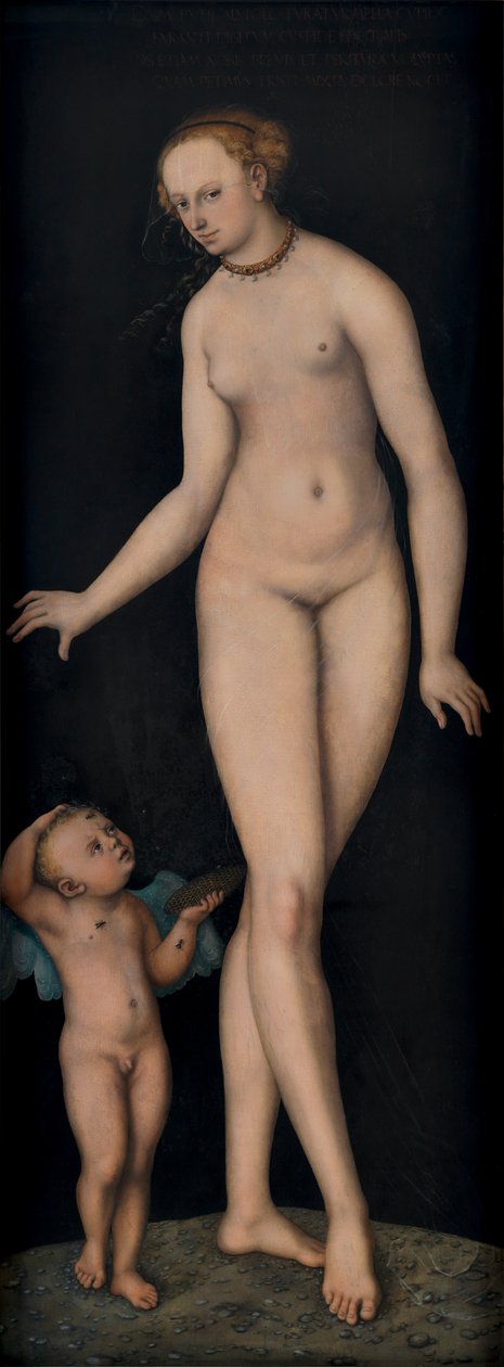 Alemán: Venus mit Amor als Honigdieb vor schwarzem Grund Venus con Cupido como ladrón de miel sobre fondo negro de Lucas Cranach the Elder
