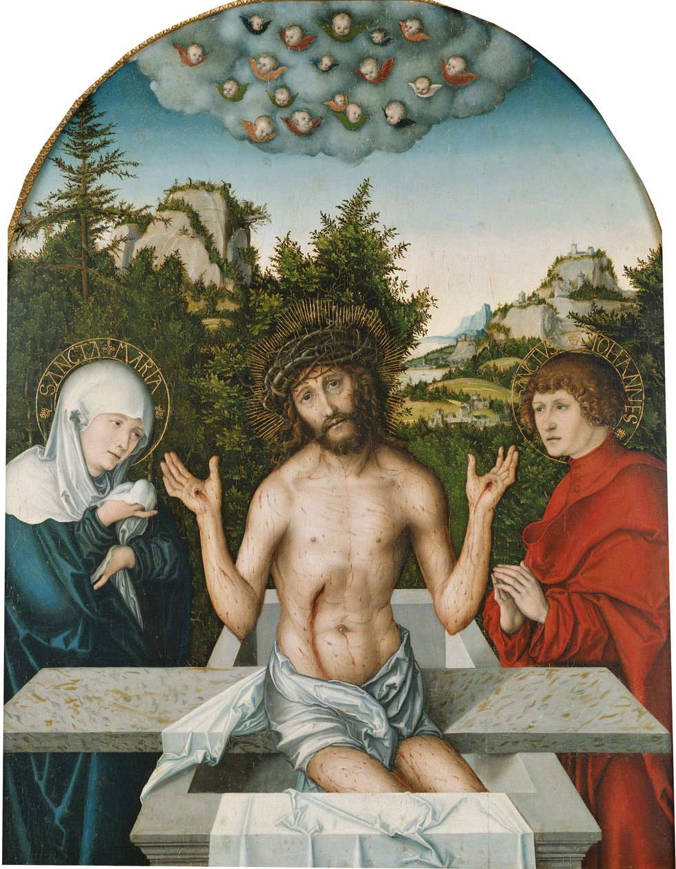 Retablo Pfirtscher: Cristo como Varón de Dolores, sentado en un sarcófago entre la Virgen y San Juan [panel central]. de Lucas Cranach the Elder
