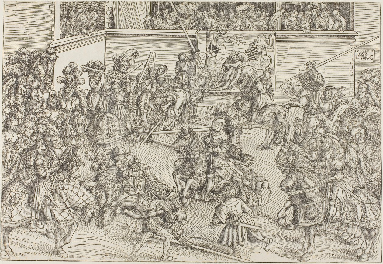 El Segundo Torneo con un tapiz que muestra a Sansón y al León de Lucas Cranach the Elder