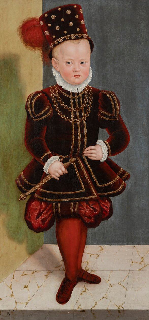 Alemán: Retrato del Príncipe Christian I, más tarde Elector, de niño a la edad de 4 años Retrato del Príncipe Christian I, hijo del Elector August, de niño a la edad de 4 años de Lucas Cranach the Younger