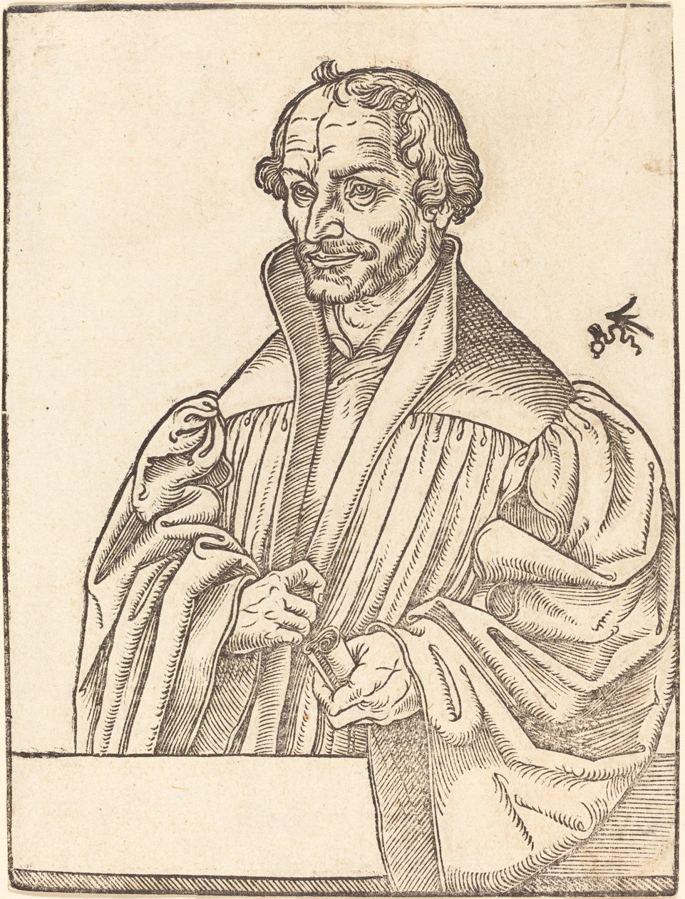 Philip Melanchton, medio cuerpo a la izquierda, de pie detrás de un parapeto de Lucas Cranach the Younger