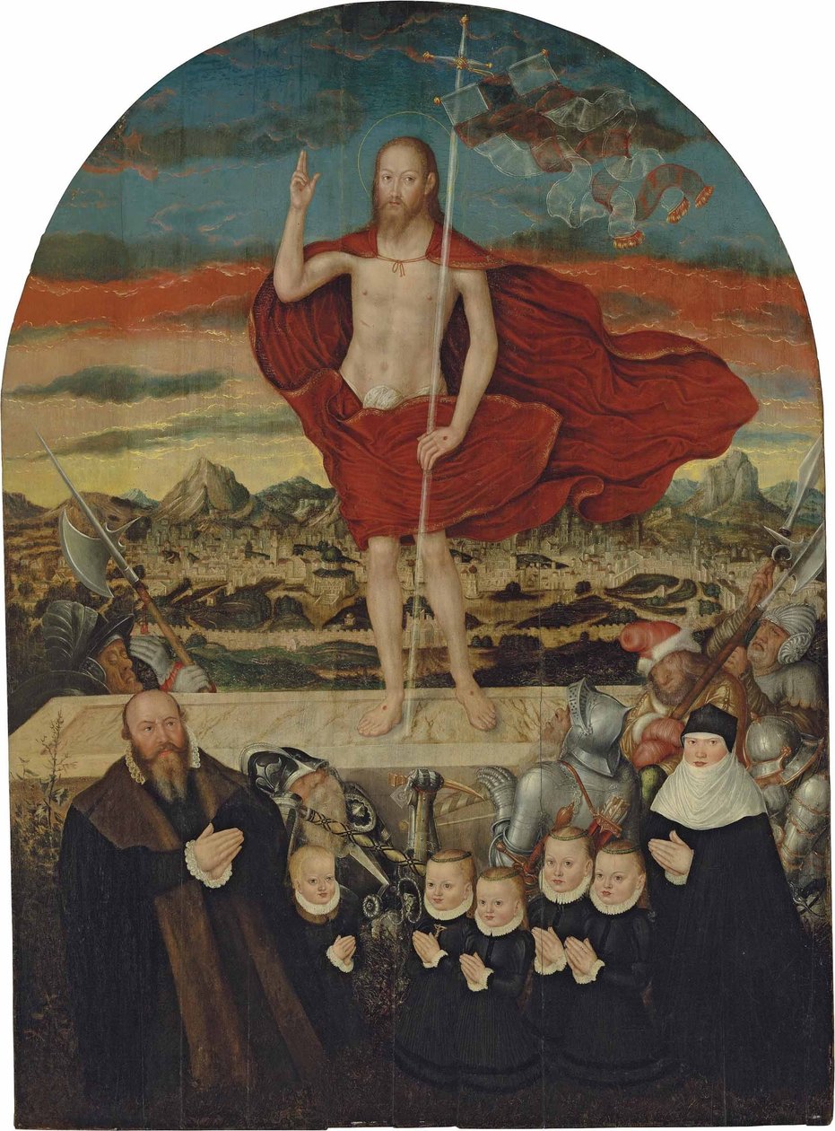 Cristo resucitado con una familia donante de Lucas Cranach the Younger
