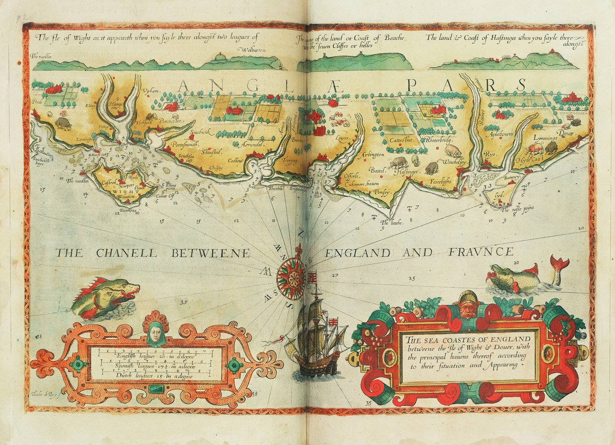 Las costas marítimas de Inglaterra entre la isla de Wight y Dover, con sus principales puertos según su situación y aspecto, c.1588 (carta) de Lucas Janszoon Waghenaer