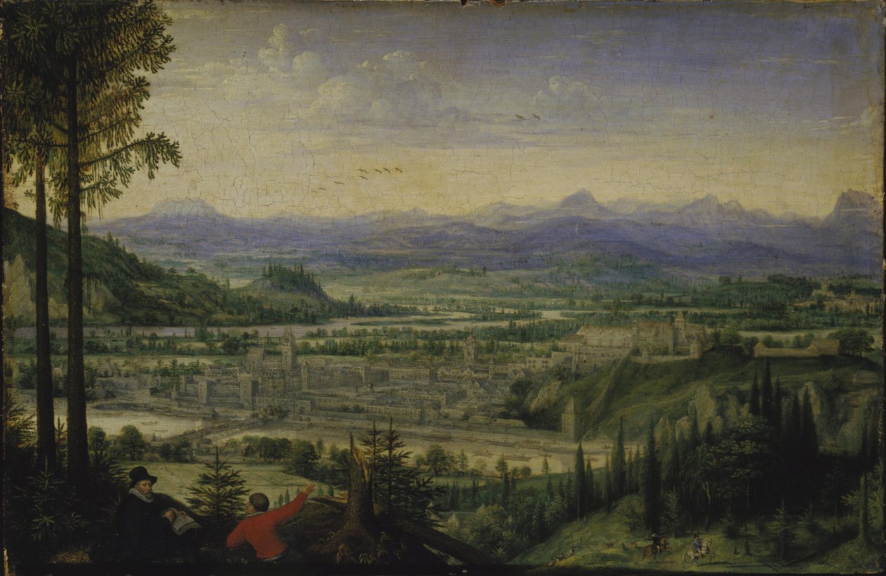Vista de Linz con artista dibujando en primer plano, 1593 de Lucas Valckenborch van