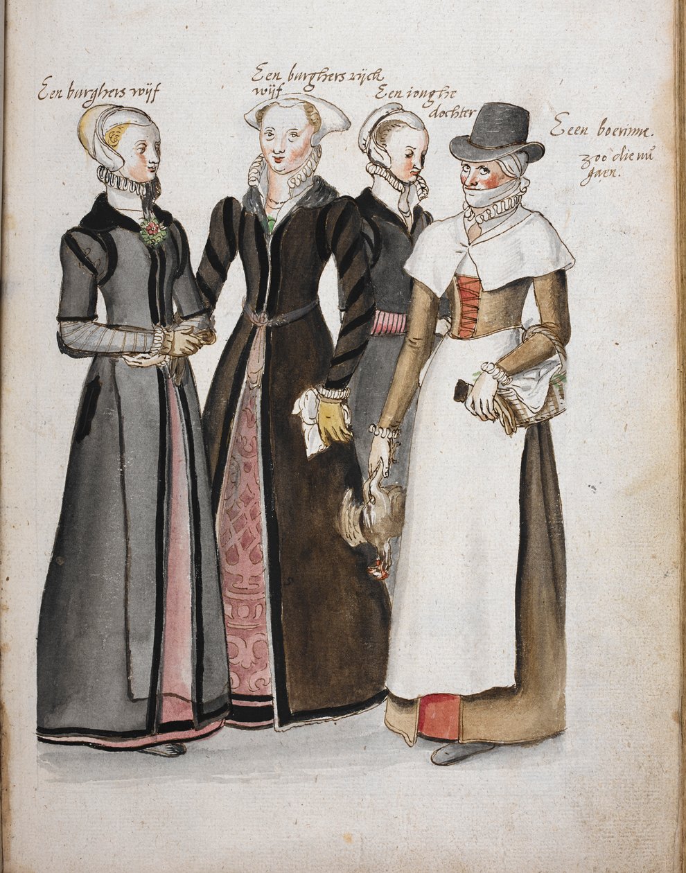 Cuatro inglesas vestidas de la época isabelina: la esposa de un ciudadano de Londres, la esposa de un ciudadano adinerado de Londres, la hija de la esposa de un ciudadano de Londres y una campesina, 