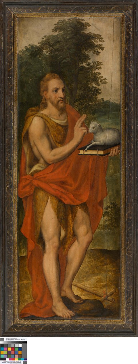 Juan Bautista (izquierda), Donante (derecha), Vanitas (cerrada), Lucas de Heere, Museo de Bellas Artes de Gante, S-101, panel izquierdo abierto de Lucas de Heere