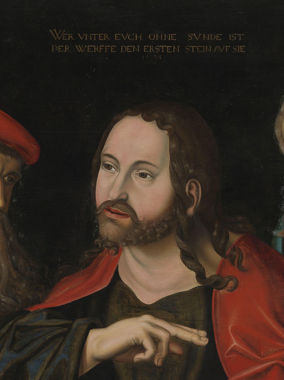 Cristo y la mujer sorprendida en adulterio, detalle, c.1700 (óleo sobre madera) de Lucas the Elder (after) Cranach