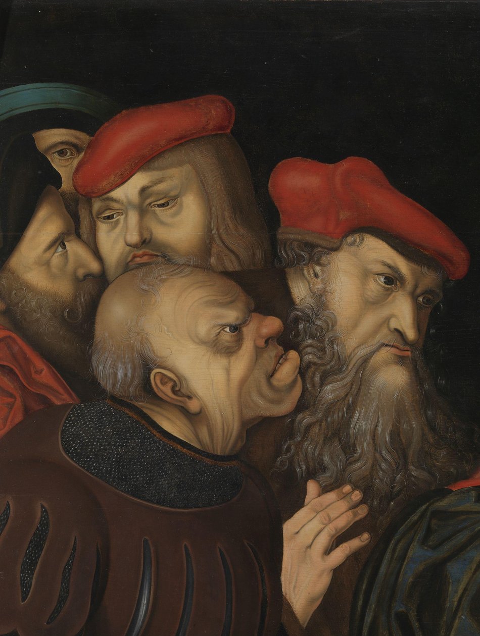 Cristo y la mujer sorprendida en adulterio,detalle, c.1700 (óleo sobre madera) de Lucas the Elder (after) Cranach