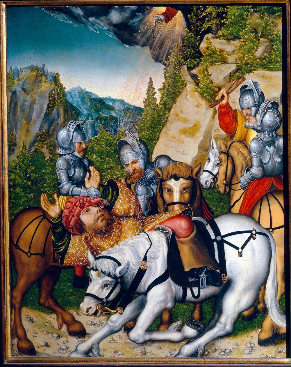 Conversión en el camino de Damasco (Siria). (La Conversión en el Camino de Damasco). San Pablo (Saulo) de Tarso (c. 8-c. 67). Pintura de Lucas Cranach el Joven (1515-1586), óleo sobre madera. arte alemán de Lucas the Younger Cranach