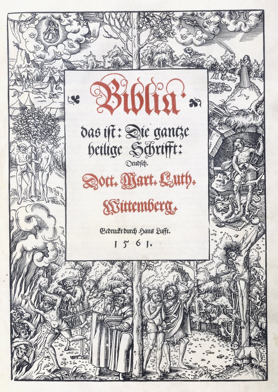 Página del título, con un fino borde pictórico de "Biblia, das ist: Die gantze heilige Schrifft: Deudsch", traducida por Martin Luther, 1560-1561 de Lucas the Younger Cranach