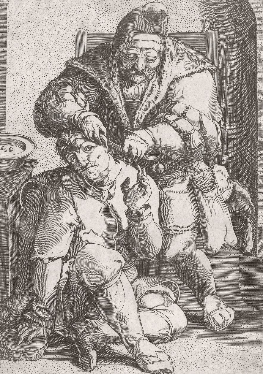 Cirujano barbero del siglo XVII atendiendo el oído de un paciente de Lucas van (after) Leyden