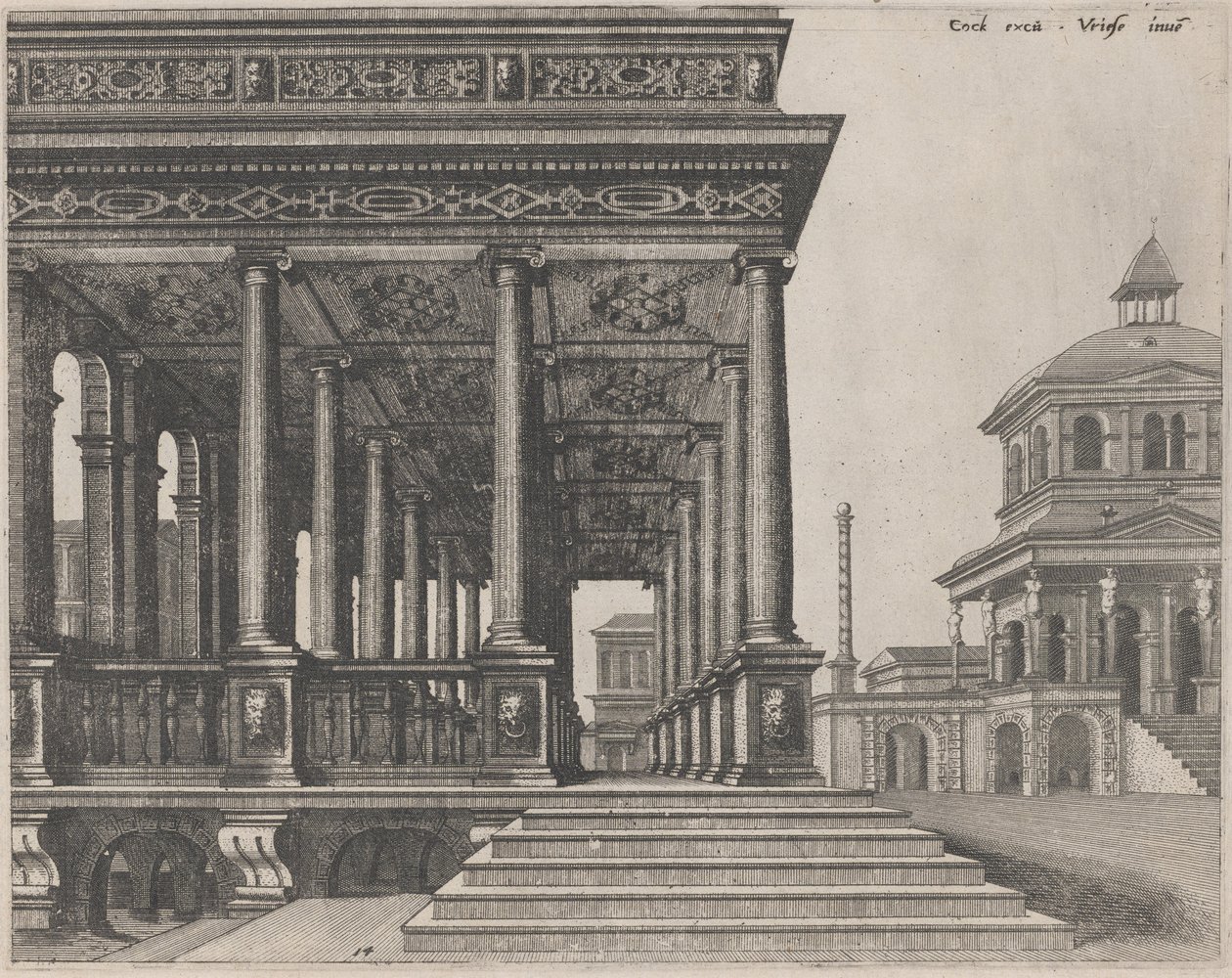 Un salón con columnas jónicas de Lucas van Doetechum and Johannes