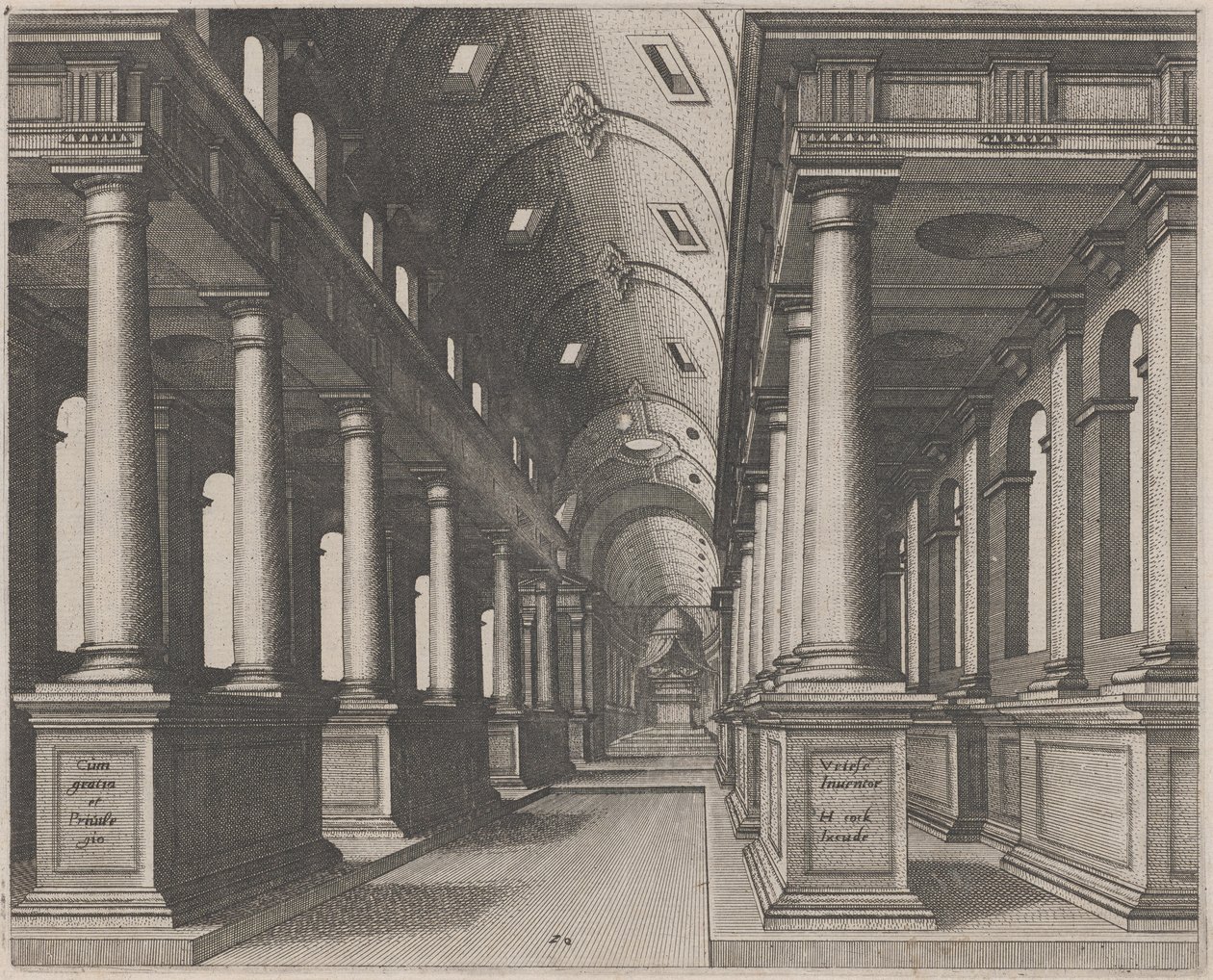 Vista interior de una iglesia con bóveda de cañón de Lucas van Doetechum and Johannes