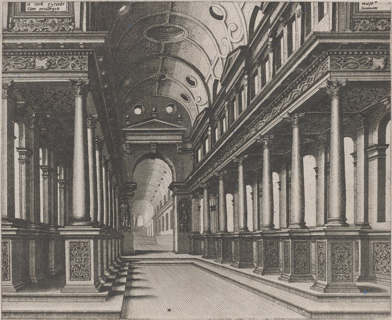 Interior de una iglesia con una estatua en el fondo de Lucas van Doetechum and Johannes