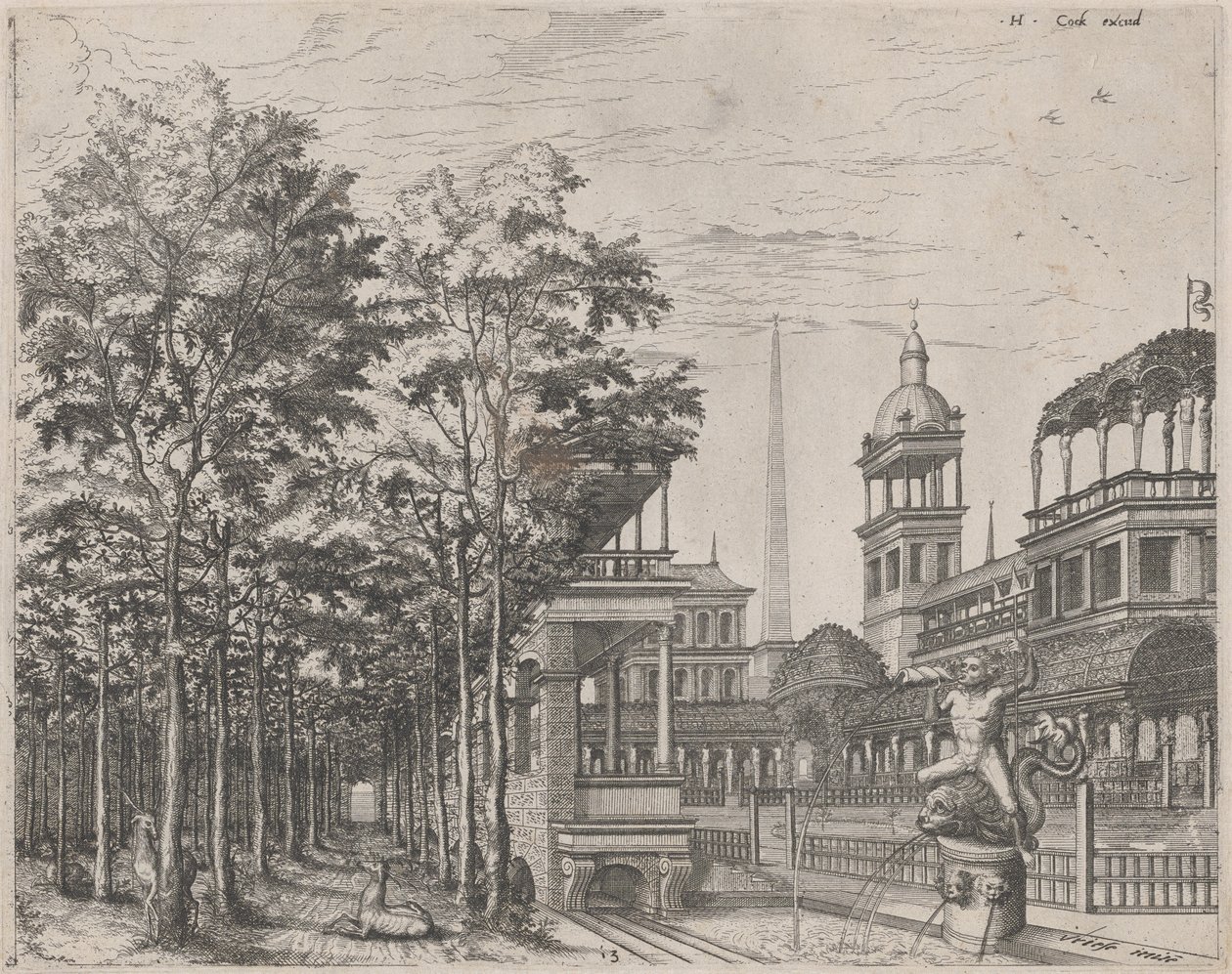 Paisaje con Árboles, Dos Ciervos y un Patio de Palacio de Lucas van Doetechum and Johannes