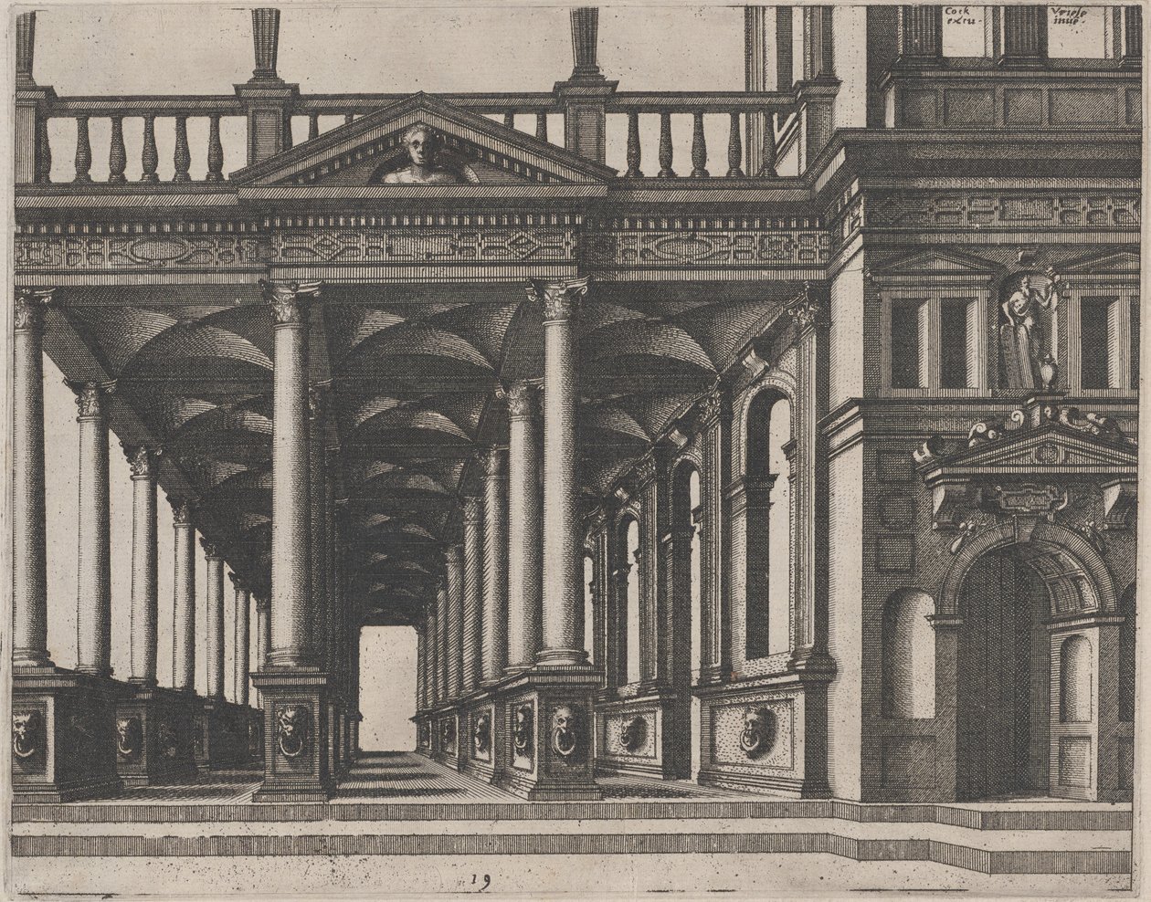 Sala abierta sostenida por columnas corintias de Lucas van Doetechum and Johannes