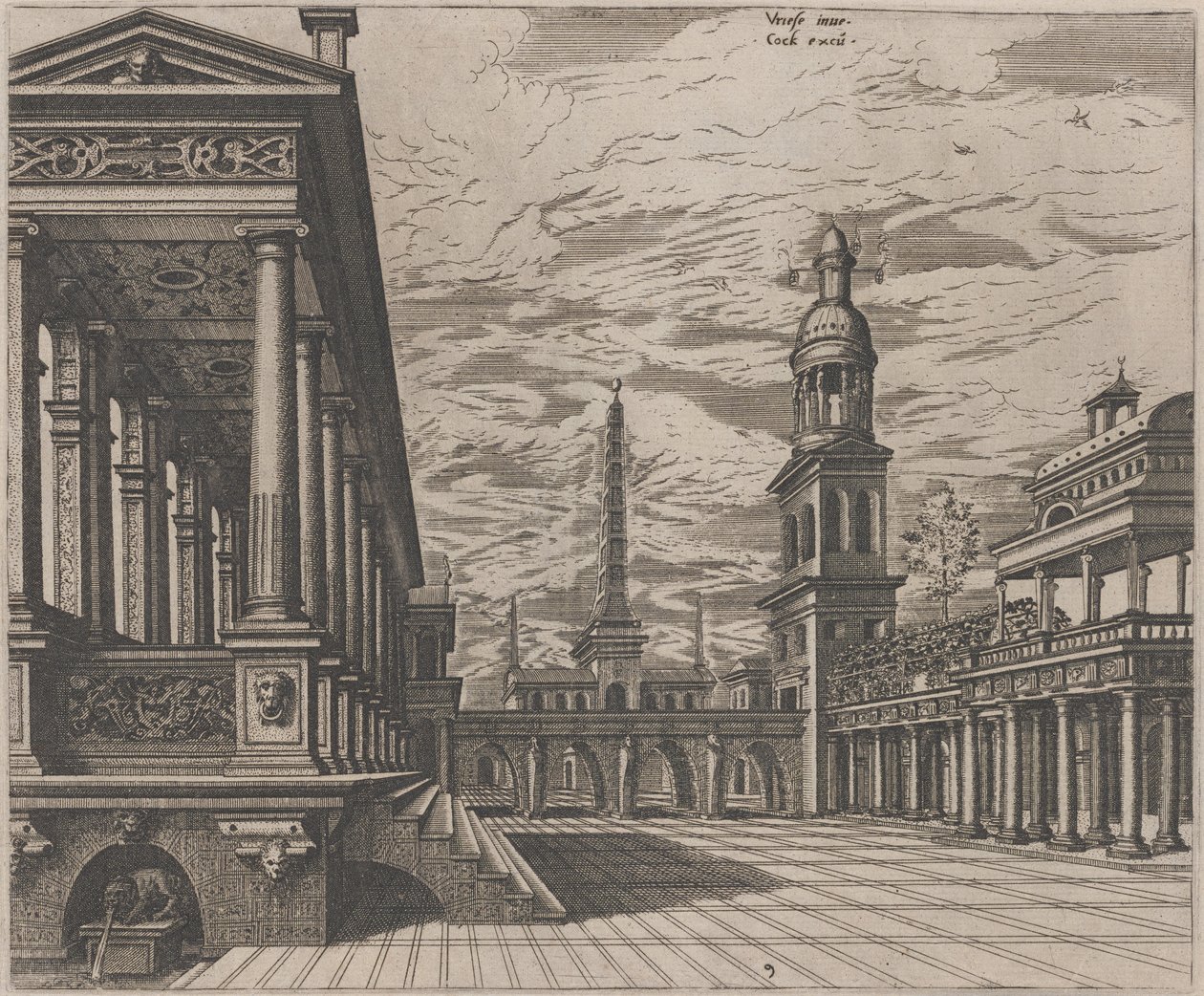 Plaza del pueblo con una columnata a la izquierda de Lucas van Doetechum and Johannes