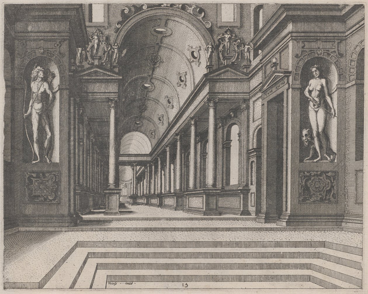 Vista en una Iglesia con Columnas Corintias y Estatuas de Apolo, Melpómene y Moisés de Lucas van Doetechum and Johannes