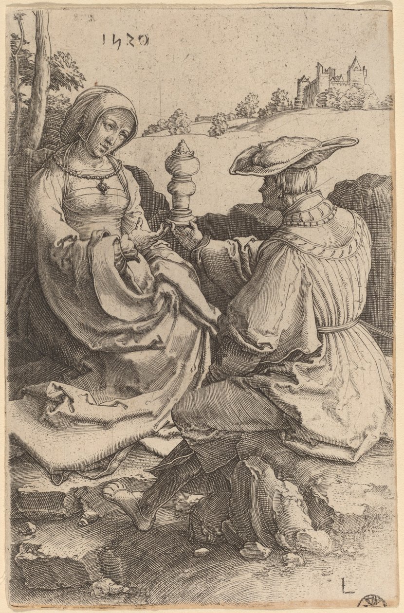 Un noble y una dama sentados en un paisaje de Lucas van Leyden