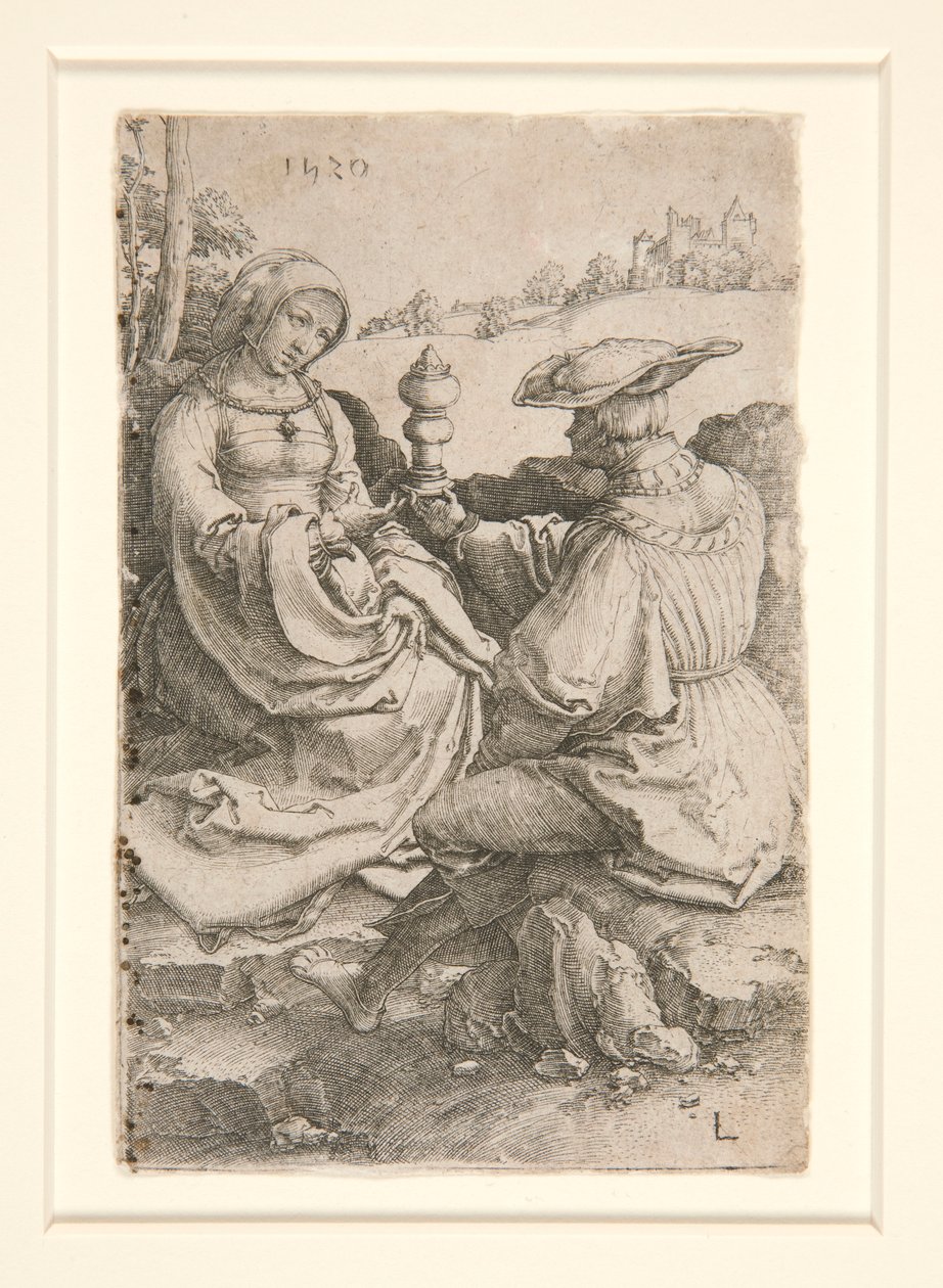 Un noble y una dama sentados en un paisaje de Lucas van Leyden
