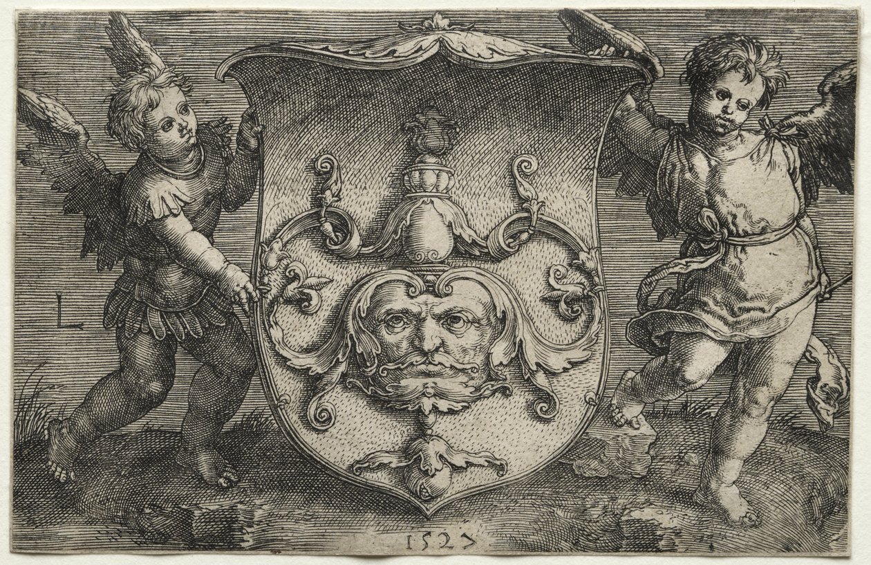 Un escudo con una máscara sostenida por dos genios de Lucas van Leyden