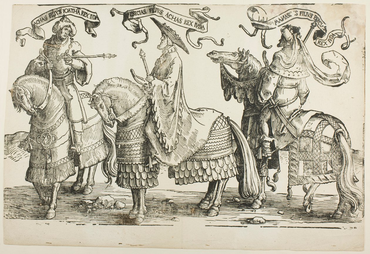Ajaz, Ezequías, Manasés, lámina cuatro, de Los doce reyes de Israel de Lucas van Leyden