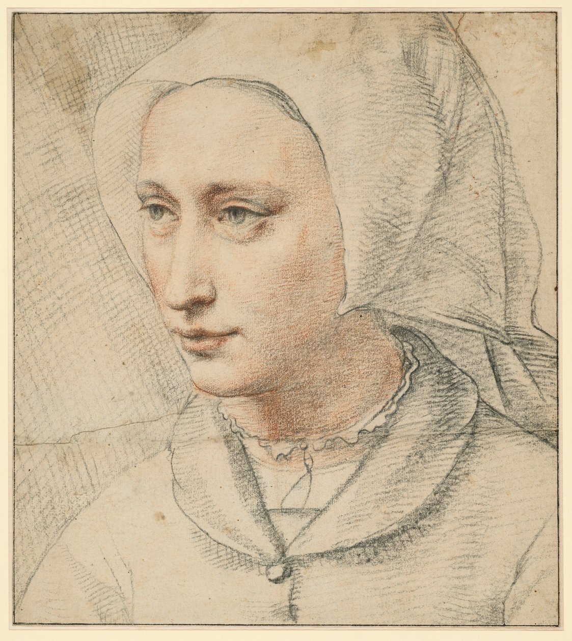 Retrato de busto de una mujer con cofia, vuelta a medias hacia la izquierda de Lucas van Leyden