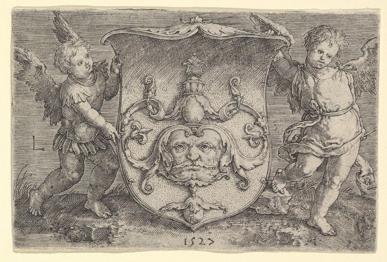 Escudo de armas con una máscara, sostenido por dos genios, 1527 de Lucas van Leyden