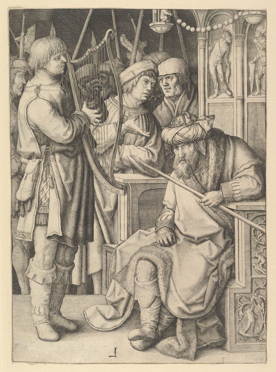 David tocando el arpa ante Saúl de Lucas van Leyden