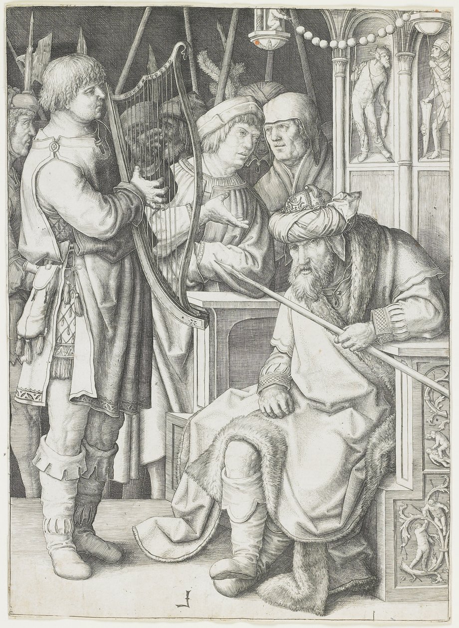 David tocando el arpa ante Saúl, c. 1508 de Lucas van Leyden