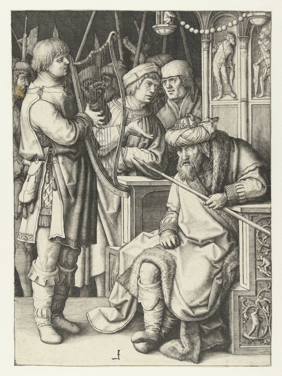 David toca el arpa para Saúl de Lucas van Leyden
