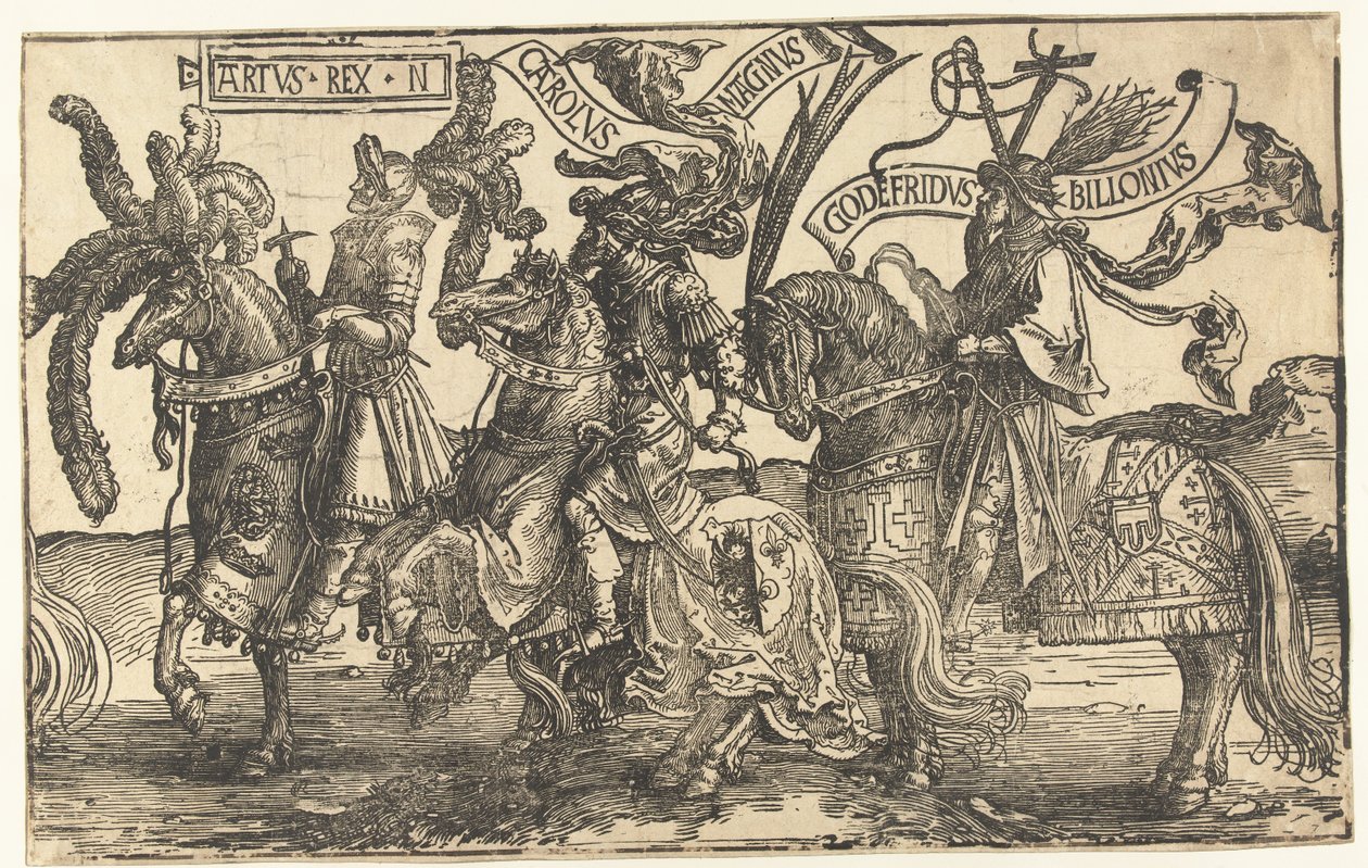 Los héroes Rey Arturo, Carlomagno y Godofredo de Bouillon Los nueve héroes (título de la serie) de Lucas van Leyden