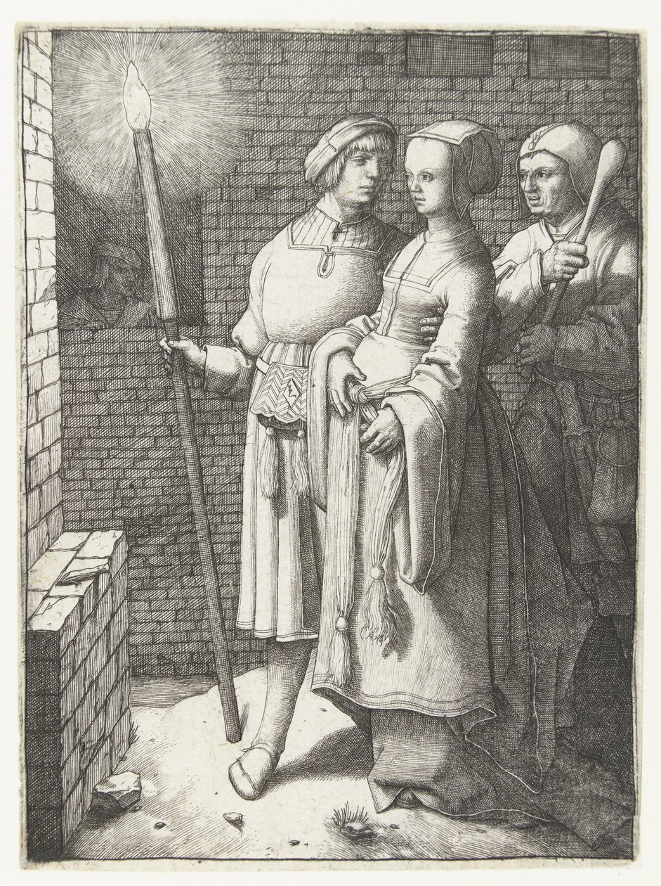Joven con una antorcha, una mujer y un nar de Lucas van Leyden