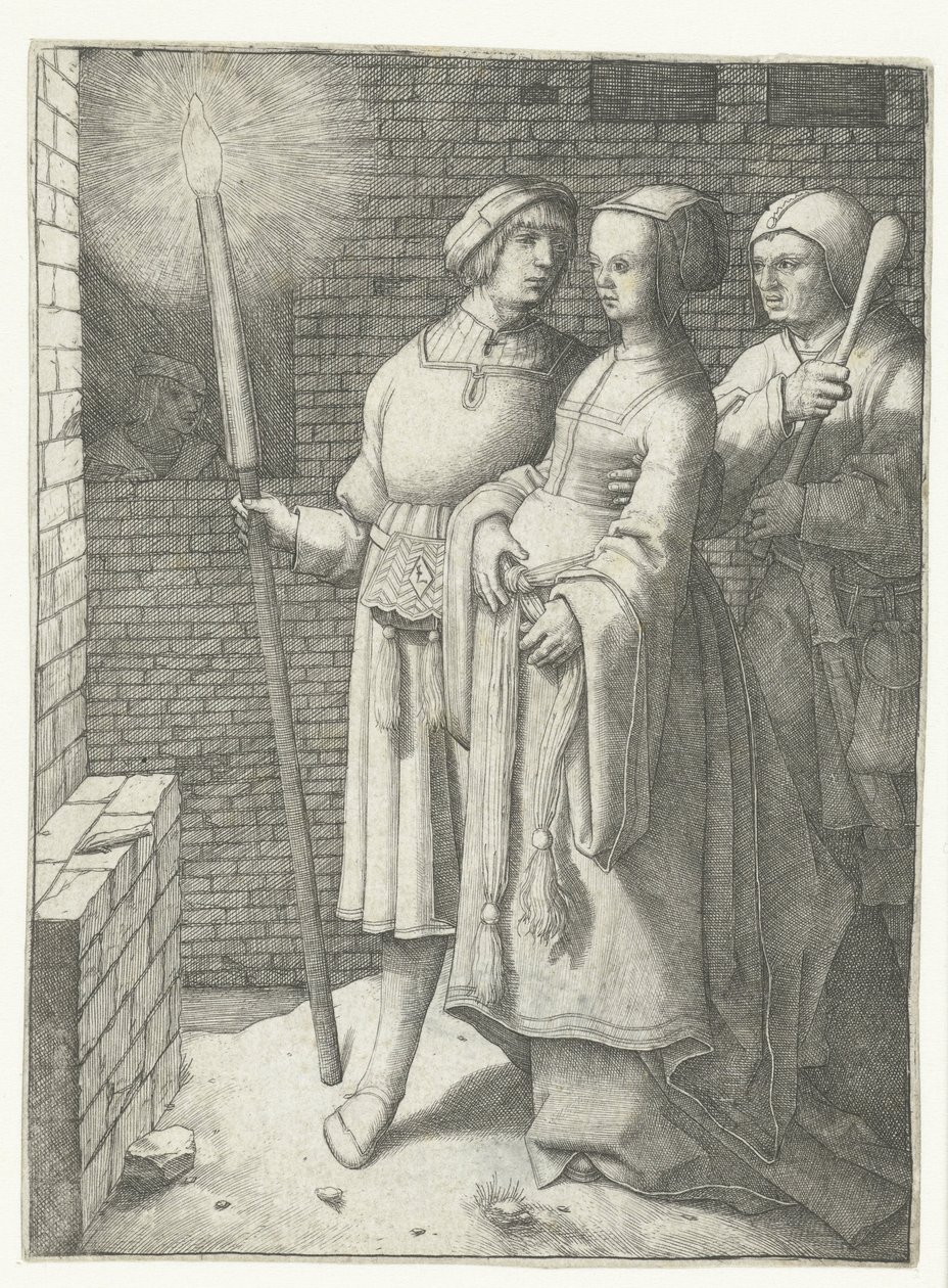 Joven con una antorcha, una mujer y un nar de Lucas van Leyden