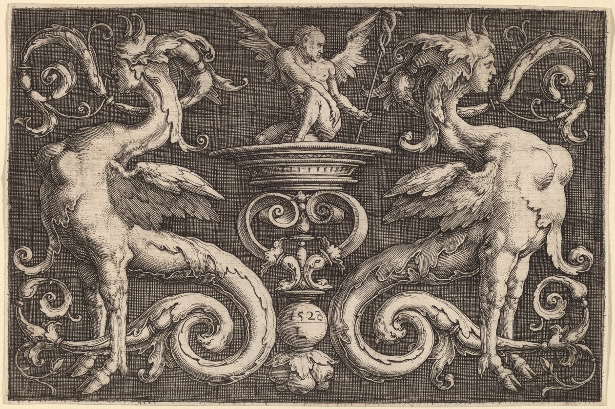 Ornamento con dos esfinges y un hombre alado de Lucas van Leyden