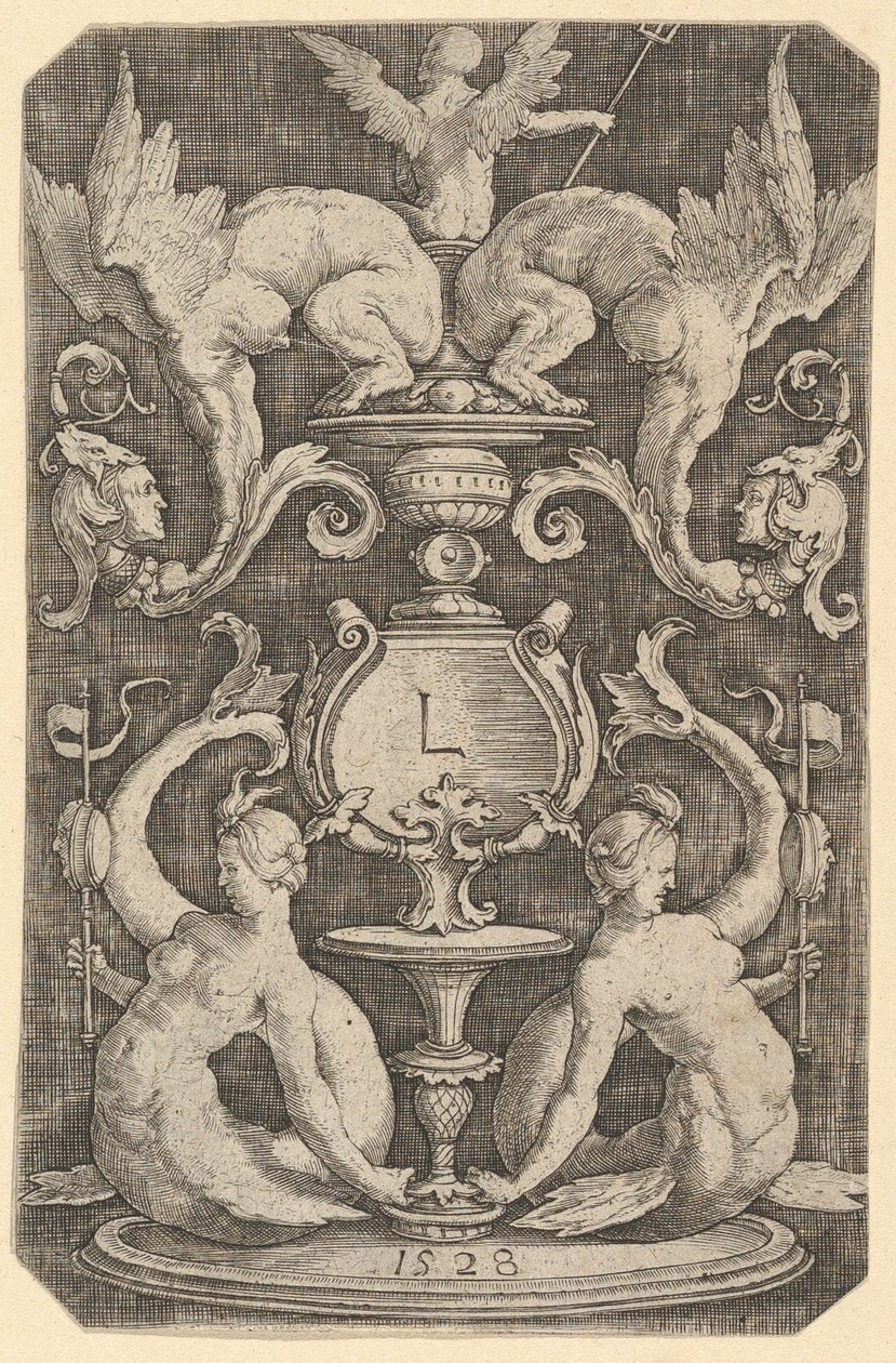 Panel de ornamento con dos sirenas, 1528 de Lucas van Leyden