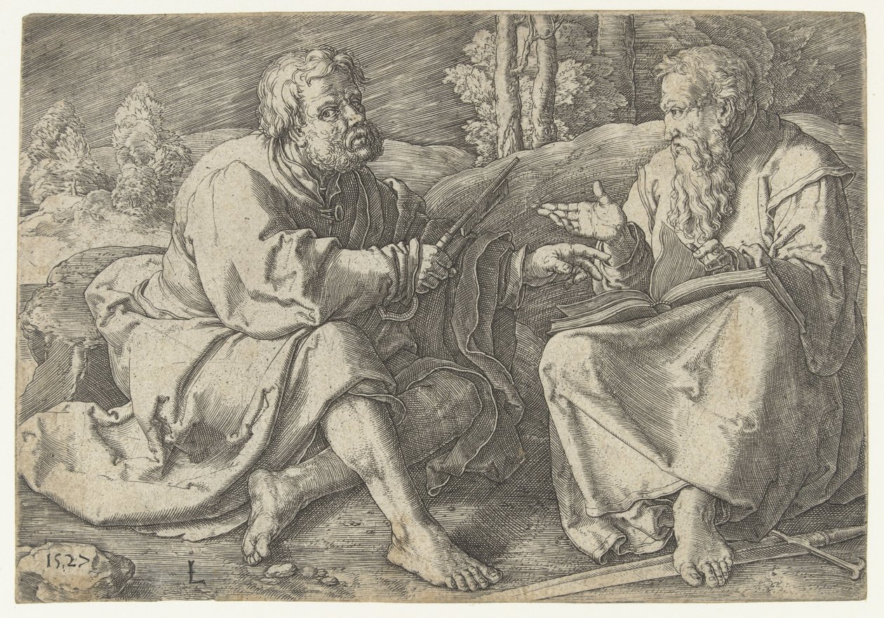 Paul y Peter sentados en un paisaje. de Lucas van Leyden
