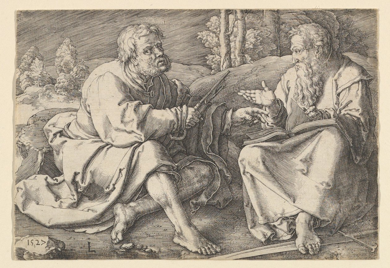 San Pedro y San Pablo sentados en un paisaje, 1527 de Lucas van Leyden