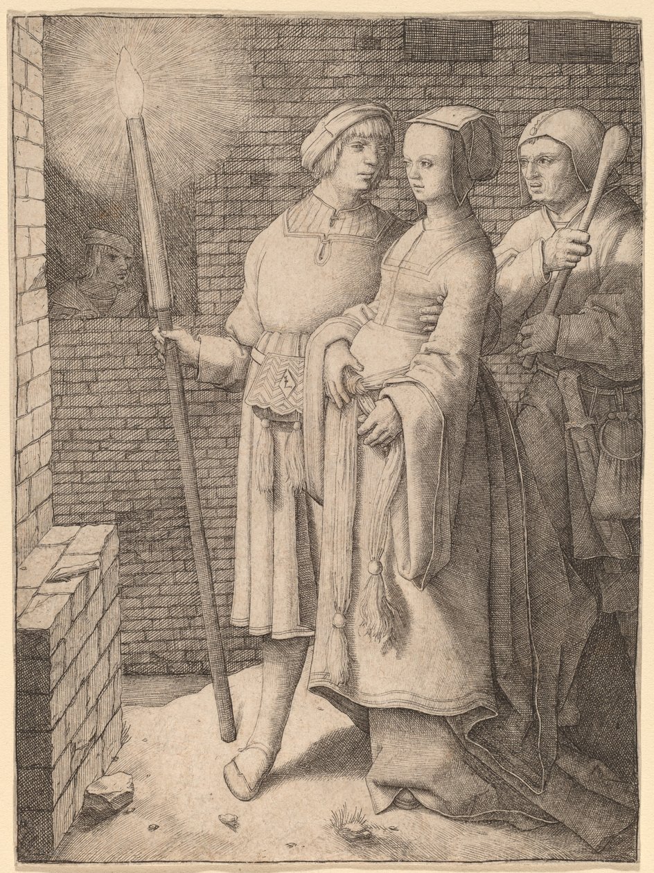 El hombre con la antorcha y una mujer seguida por un tonto de Lucas van Leyden