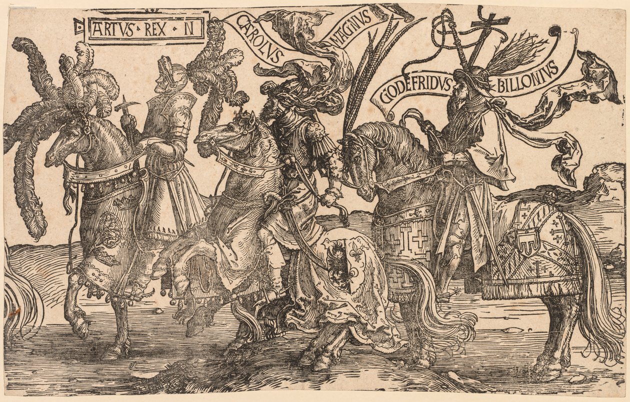 Los Nueve Héroes: Arturo, Carlomagno, Godofredo de Bouillon, 1515-1517 de Lucas van Leyden
