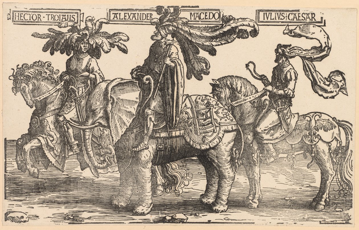 Los Nueve Héroes: Héctor de Troya, Alejandro de Macedonia, Julio César, 1515-1517 de Lucas van Leyden
